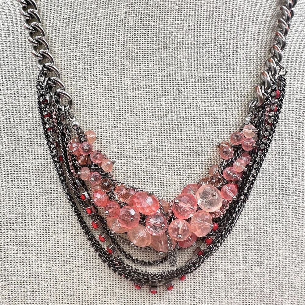 Vintage Y2K Multi-Strand Statement Necklace Rhinestone Beaded Silver Tone Chain